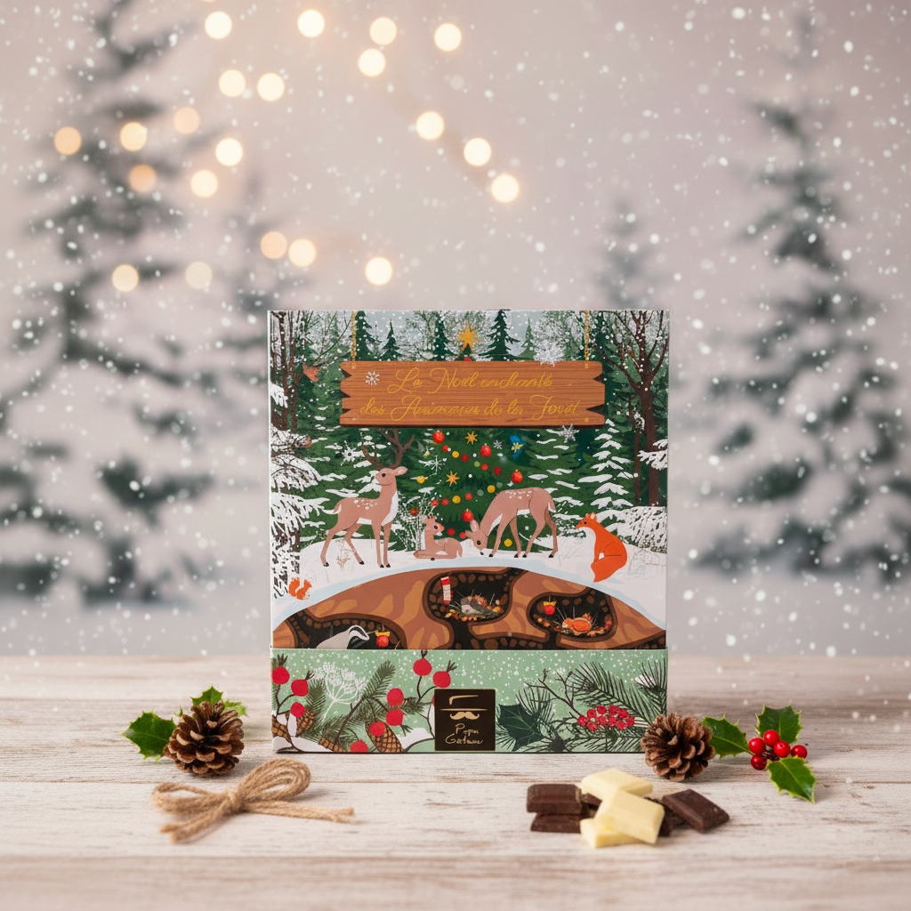 Calendrier de l’Avent chocolat « Animaux de la Forêt », coffret illustré aux décors hivernaux et aux animaux de la forêt, garni de chocolats artisanaux Papa Gâteau.