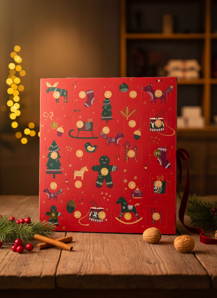 Calendrier de l’Avent classique Papa Gâteau, garni de chocolats fins et pralinés artisanaux, présenté dans un coffret rouge festif à motif de Noël.