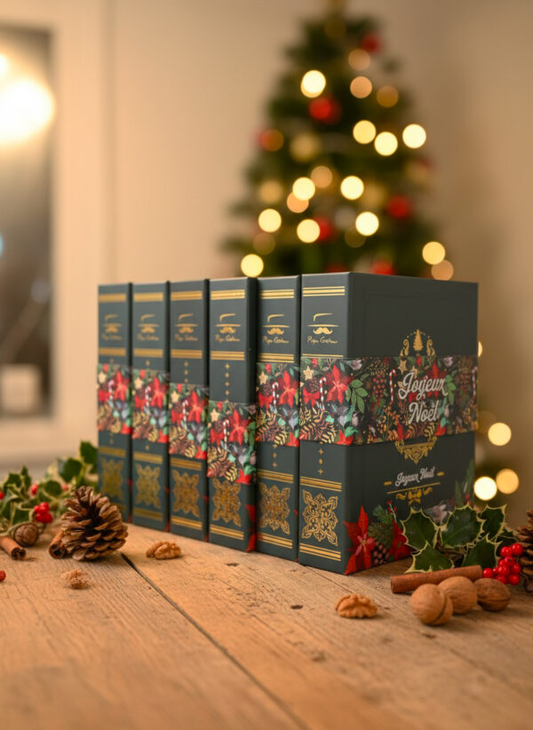 calendrier-avant-noel-livre Calendrier de l’Avent en forme de livre, garni de chocolats artisanaux Papa Gâteau, présenté devant un sapin de Noël dans une ambiance festive.
